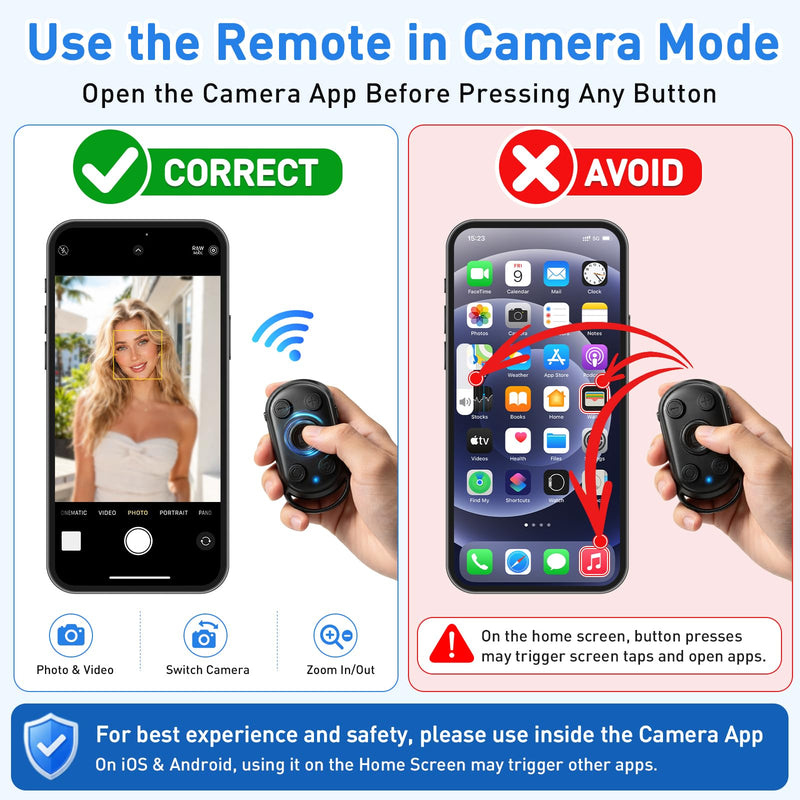 duskeep Bluetooth Camera Remote Shutter with Zoom for iPhone Android, Vlogs | Selfies and travel, photo/video remote control, front/rear switch, USB-C charging, lightweight design, adjustable wrist strap Black