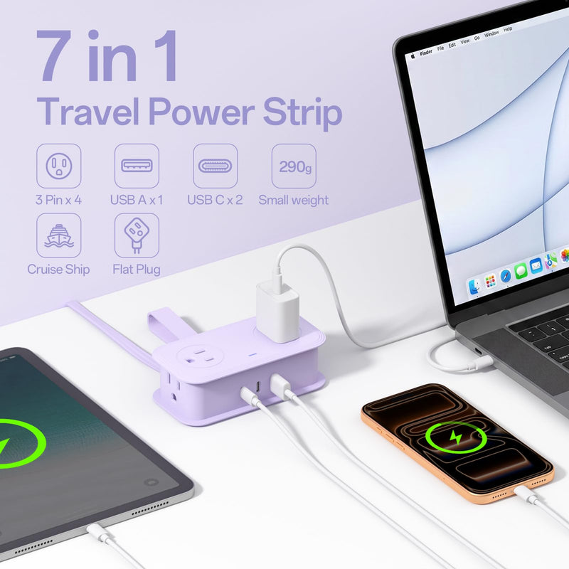 2 Pcs Travel Power Strip, SMALLRT Extension Cord with Multiple Outlets, 3.3FT Wrapped Extension Flat Plug Power Strip with 4 AC Outlets for Travel, Hotel, Cruise Approved, No Surge Protection, Purple 3.3FT-2Pcs