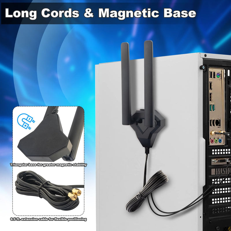WiFi 6E Antenna Tri-Band 6GHz 5GHz 2.4GHz RP-SMA Gaming WiFi Antenna Magnetic Base with 6.5ft Extension Cable for PC Desktop Computer Motherboard WiFi Bluetooth Card Wireless Router