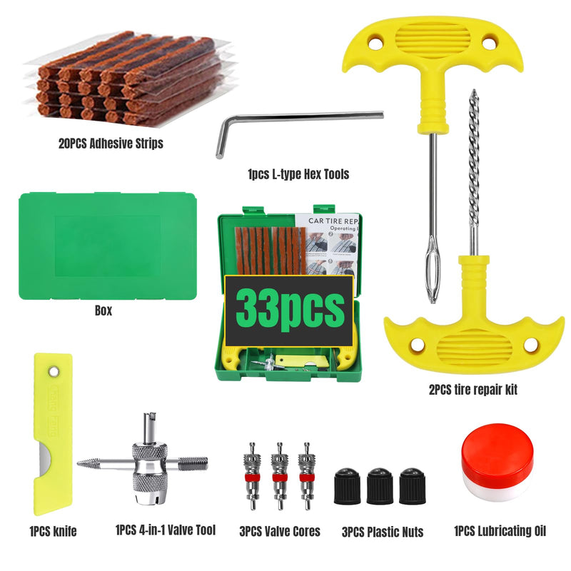 Tire Repair Kit, 33Pcs Heavy Duty Tire Plug Kit, Universal Tire Repair Tools to Fix Punctures and Plug Flats Patch Kit for Cars, Motorcycles, Atvs, Tractors, Etc