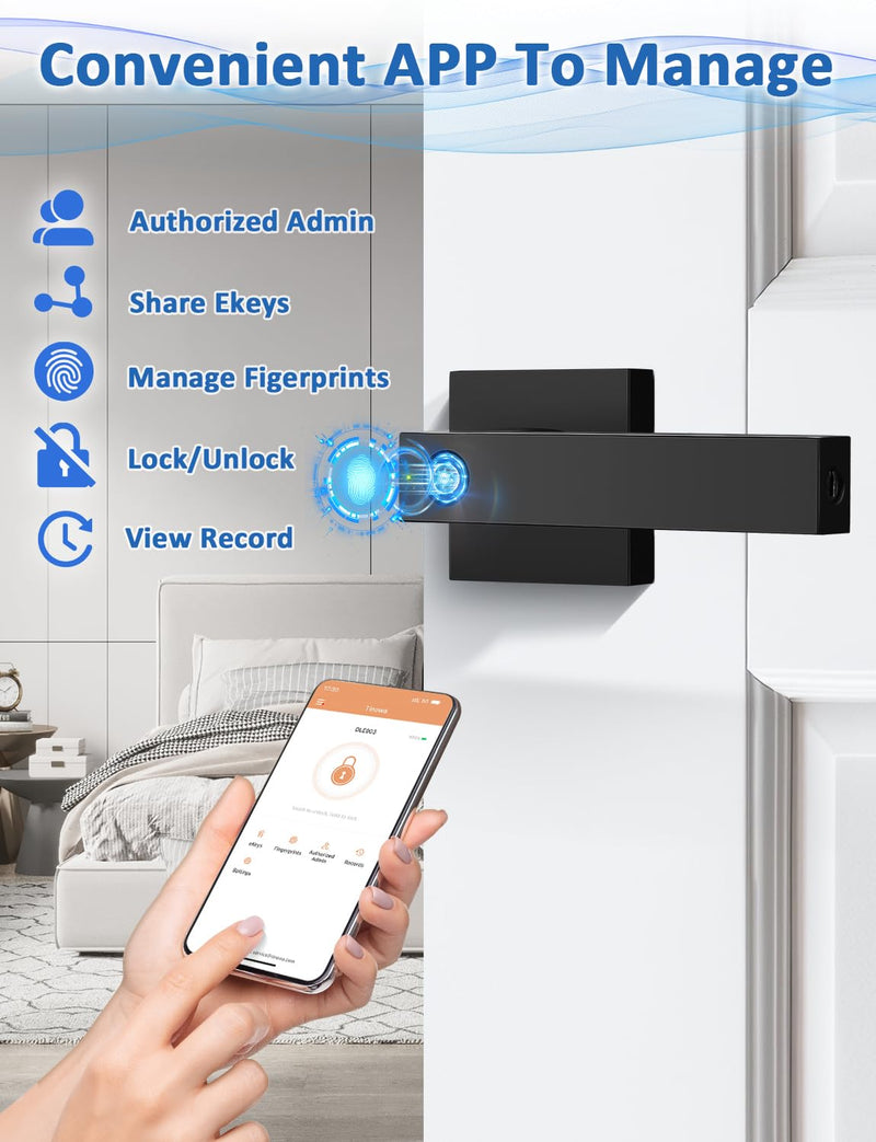Tinewa Fingerprint Door Lock, Biometric Door Knob with Smart Lock, Keyless Entry Door Handle Lock with App, Bedroom, Office, Hotel, Pantry Matte Black