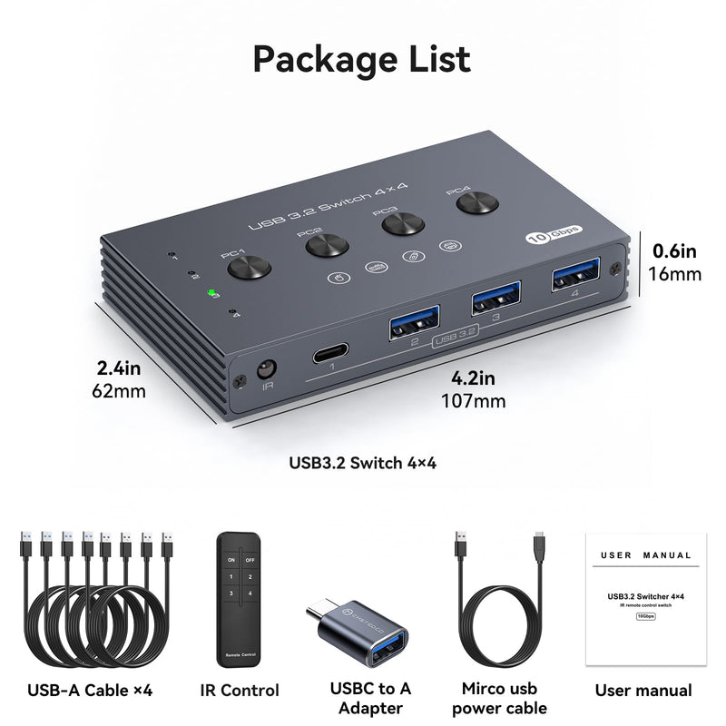 USB 3.2 Switch Selector 4 Computers Share 1 USBC & 3 USBA Devices 10Gbps 4 Port USB Switcher Sharing Keyboard Mouse Printer Scanner with Cable and Remote Control and a dapter USB 3.2