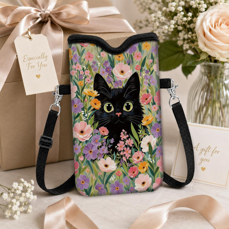 Neoprene Phone Sleeve Pouch Case Bag for Women Men with Crossbody Strap, 7.1x3.9 in, Shockproof Mobile Protection Case Bag with Neck Lanyard, Fits Most Phones, Black Cat Floral