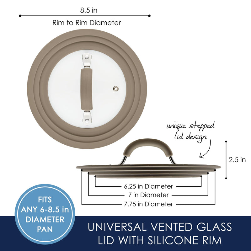 Rachael Ray Cook + Create Universal Silicone-Rimmed Glass Lid, 8.5-Inch, Taupe