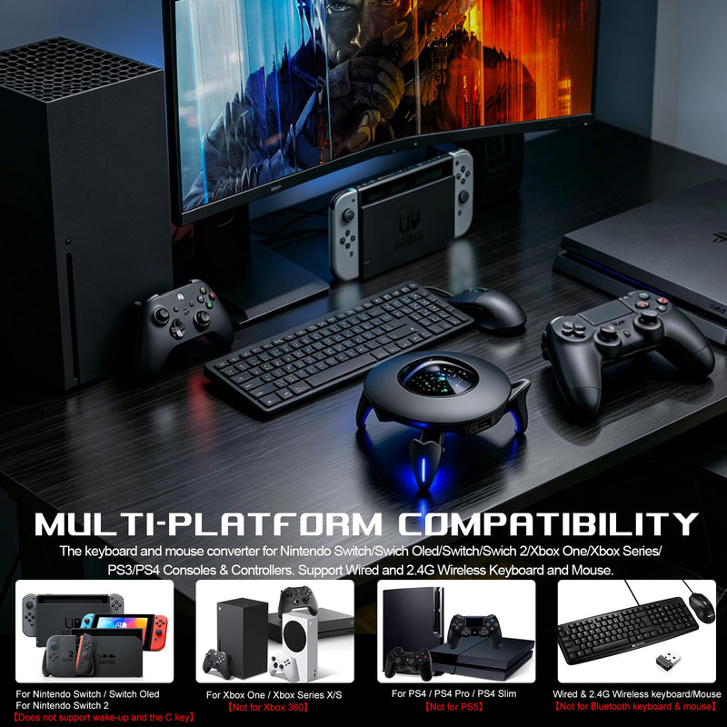 Keyboard and Mouse Adapter for Nintendo Switch/Switch 2/Xbox Series/Xbox One/PS4/PS3, Gaming Console Converter with RGB Lights, Supports Custom Keys, Sensitivity Settings, Play FPS, TPS, RPG, RTS Game