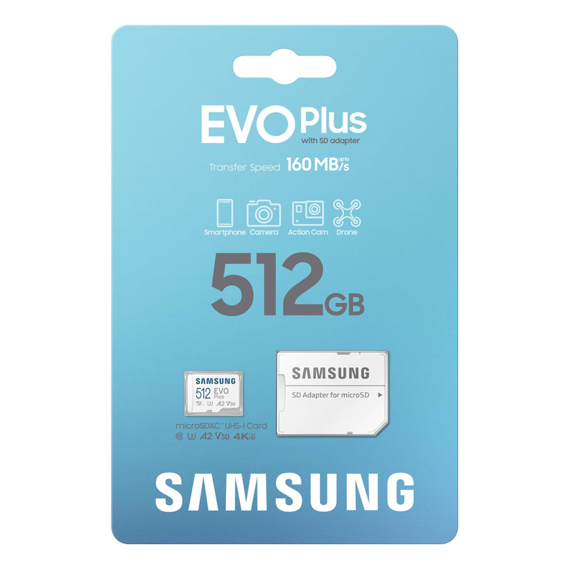 SAMSUNG EVO Plus microSD Memory Card + Adapter, 512GB microSDXC, Speeds Up to 160 MB/s, UHS-I, C10, U3, V10, A3, Upgrade Storage for Phones, Tablets, Gaming Consoles, DSLR Cameras, PCs, MB-MC512SA/AM 512 GB