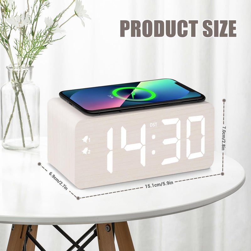 Wooden Digital Alarm Clock, 10W Fast Wireless Charger Station & 2 USB Charging Ports, with 0~99% Dimmer, Dual Alarm, Weekday/Weekend Mode, Wood LED Clock for Bedroom, Desk, Office White
