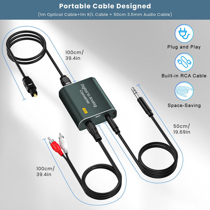 Digital to Analog Audio Converter,192kHz DAC Converter Digital Optical to Dual Analog 3.5mm AUX Audio Adapter with Optical Cable 3.5 Audio Cable and 3.5 to RCA Cable