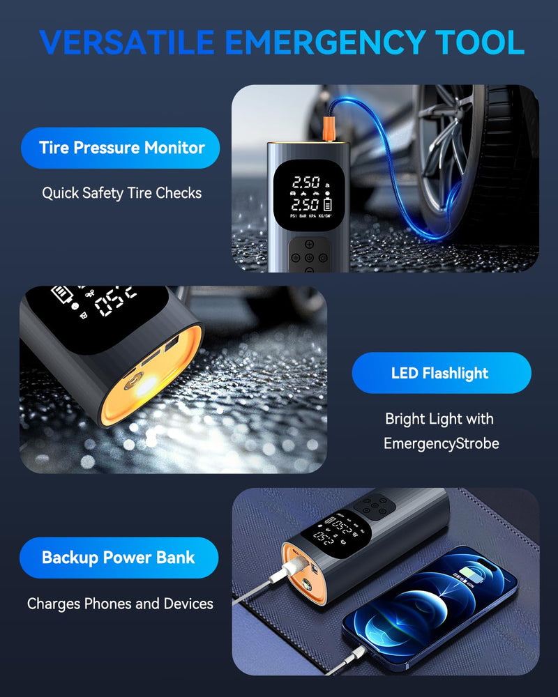  [AUSTRALIA] - Tire Inflator Portable Air Compressor 150 PSI Cordless Car Air Pump, 3X Faster Pump with 6000 mAh Rechargeable Battery, 12V DC, Digital Pressure Gauge, LED Light, For Auto, Bike, Motorcycle, Ball
