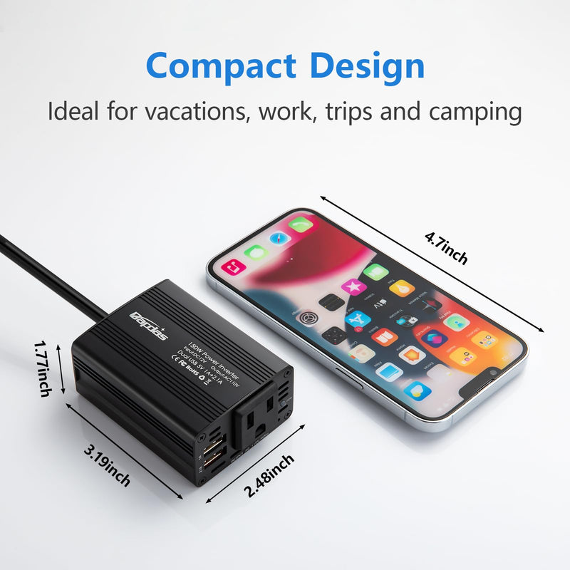 150W Car Power Inverter DC 12V to 110V AC Car Adapter for Plug Outlet with 3.1A Dual USB Car Charger for Laptop Computer-Black Version 1.0