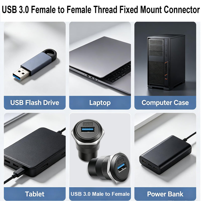 USB 3.0 Threaded Fixed Mount Adapter, USB Type A Female to Female Embedded Panel Mount Adapter, Socket to Socket Pass-Through Coupler 5Gbps Data 5V/1A Charger