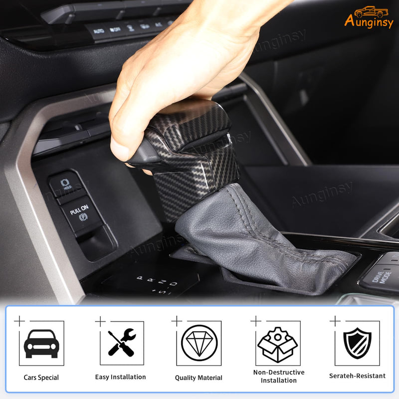 Aunginsy Gear Shifter Head Trim Cover Kit Compatible with Toyota Tundra/Sequoia 2022-2025 Tacoma 2024+ Center Console Gear Shift Knob Head Protection Cover Decorative Sticker ABS Interior Accessories Carbon Fiber Pattern(kit)