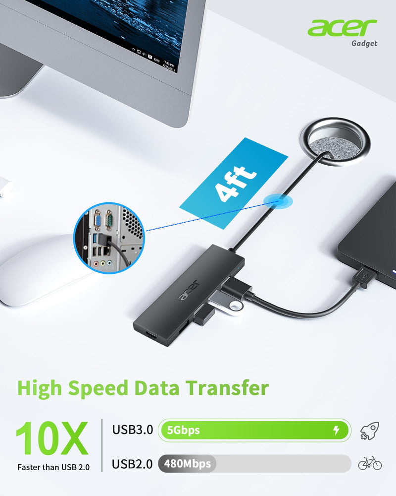 Acer USB Hub 4 Ports, Multiple USB 3.0 Hub, USB A Expander for Laptop with USB C Power Port, USB Extender for A Port Laptop, Windows, Linux, Acer PC, and More (4ft) 4ft USB-A 3.0