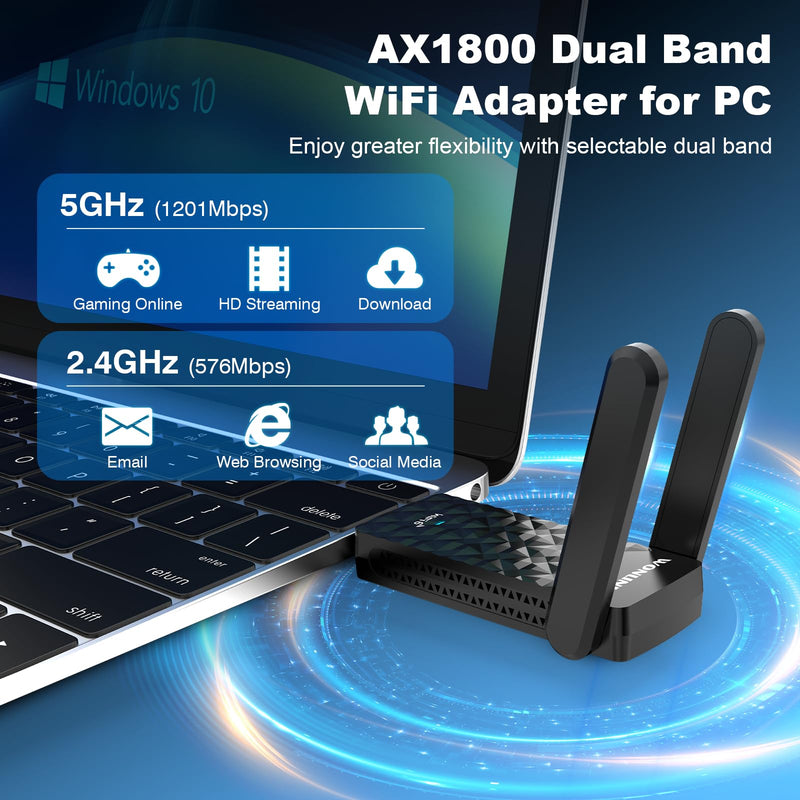AX1800 USB WiFi 6 Adapter NA1602,Dual Band WiFi Adapter for Desktop pc with 2 Antennas, WPA3，MU-MIMO，2.4GHz/5GHz USB 3.0 WiFi Dongle Compatible with Windows 10/11 Black