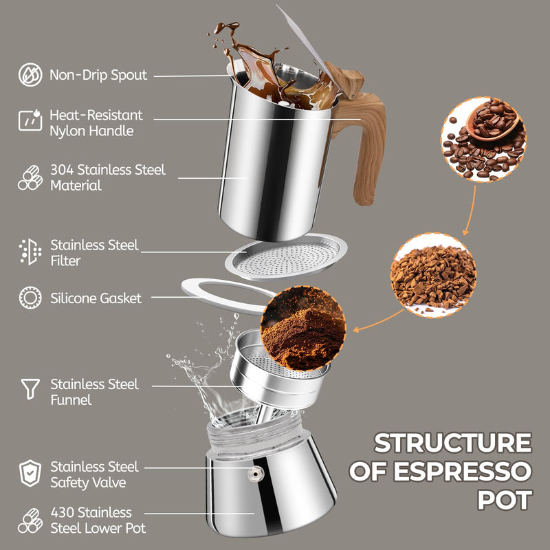 Uncoated 6 Cup Moka Pot 304 Thickened Stainless Steel Coffee Maker Stovetop Espresso Coffeemaker Italian Classic Style Brewing Greca Cafe Mocha Machine for Cafeteras Camping Travel Home 300ml 10oz