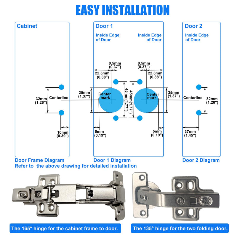 2 Pair 135 Degree & 165 Degree Frameless Cabinet Doors Hinges | Kit for Pie Corner Cabinets,Hidden Lazy Susan, Clip On, Smooth Slow Close, Concealed Mount for Bi-fold Door, Kitchen Cupboard silver-135° &165° 2