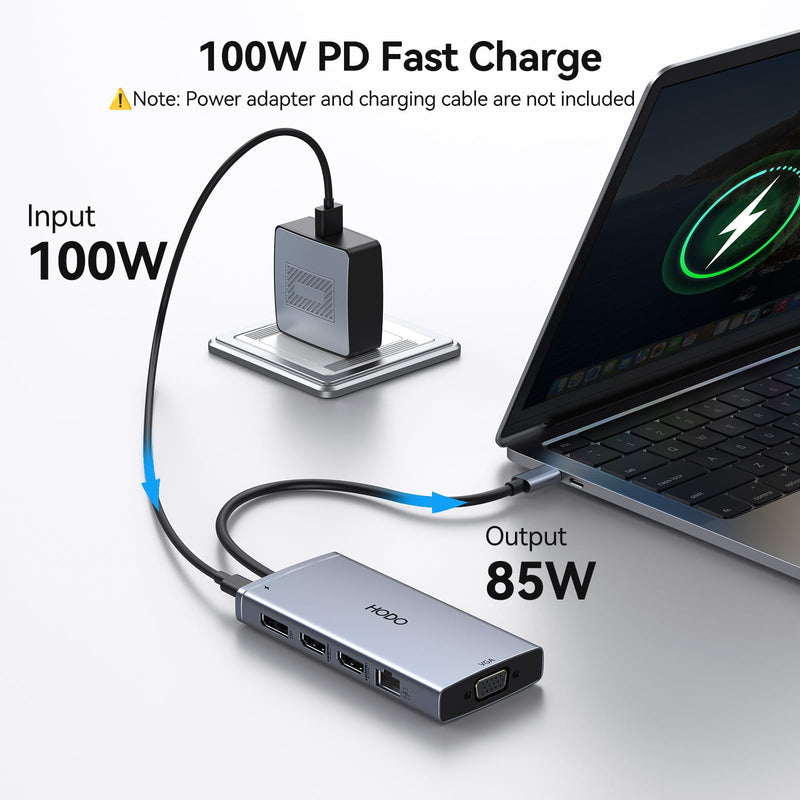 USB C Docking Station Dual Monitor for HP,Laptop Docking Station 3 Monitors | USB C Hub Quad Display USB C Adapter to 2 HDMI,DP,VGA,3 USB,PD,Ethernet,USB C Dock 9 in 1 Computer Docking Station for Dell 9-in-1(Gray)