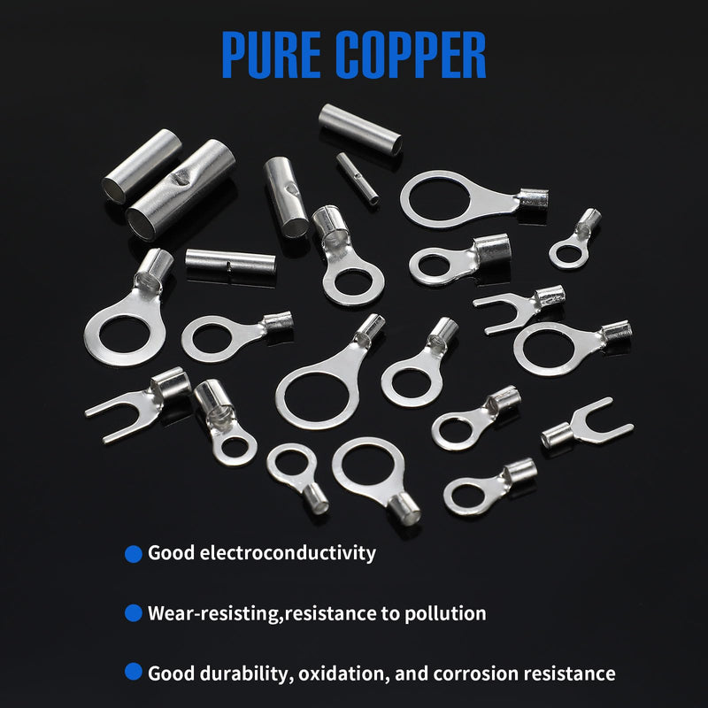 Tellegloww 600pcs Non Insulated Ring Terminal Kit Butt Fork Connectors Kit, AWG 22-10 Copper Connector Seamless Uninsulated Butt Splice Wire Terminals Assortment Electrical Wire Crimp Connectors 600