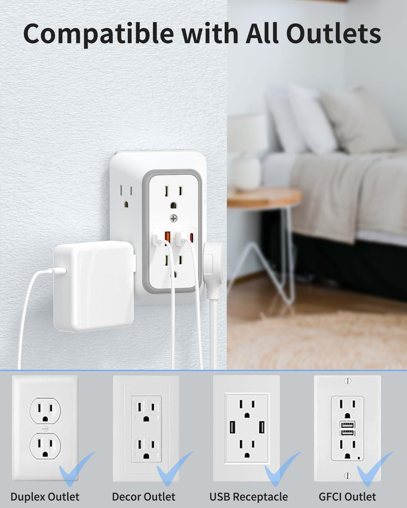 Outlet Extender 6 AC Surge Protection 1050J,Wall Charger 2 USB A&2 USB C | Multi Plug Wall Outlet,6 Outlet Splitter,3-Sided Power Strip,Wide Space Wall Adapter for Home Office Kitchen Travel 1 pack
