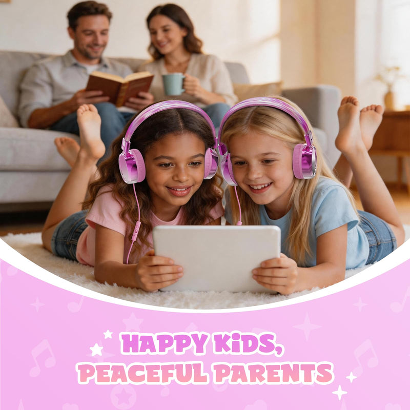 Owliwise Kids Headphones for School Travel, Safe 85/94dB Volume Limiter, HD Microphone, Over-Ear Foldable Headphones for Kids, Boys Girls, 3.5mm Wired for iPad Cord Tablet Computer, Aura Series Pink
