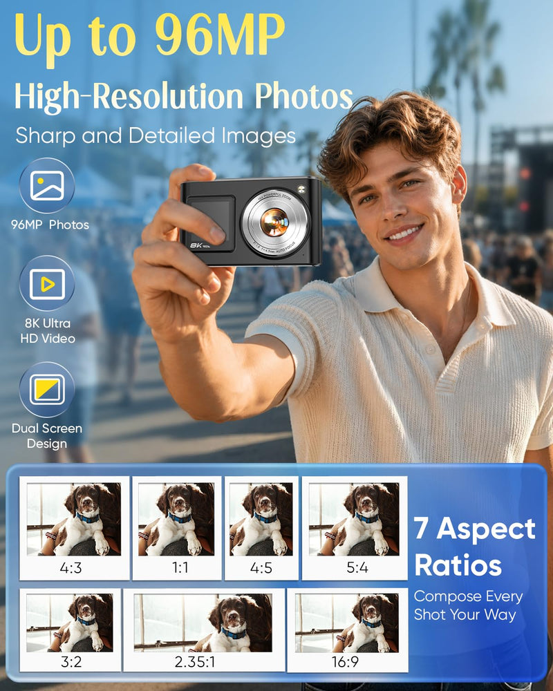 8K Digital Camera for Photography,96MP WiFi Dual Screens Vlogging Camera | Autofocus,16X Zoom,Anti-Shake,Compact Point and Shoot Camera for Teens,Beginners,Travel,32GB Card,2 Batteries Black