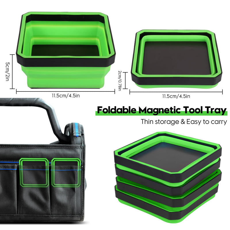 Magnetic Parts Tray 4-Pack – Collapsible Tool Holder for Screws & Bolts | Double-Sided Magnets, 4.5" Bowls, Collapsible, Scratch-Proof, Heat-Resistant, Green, for Workshop, Auto & Home