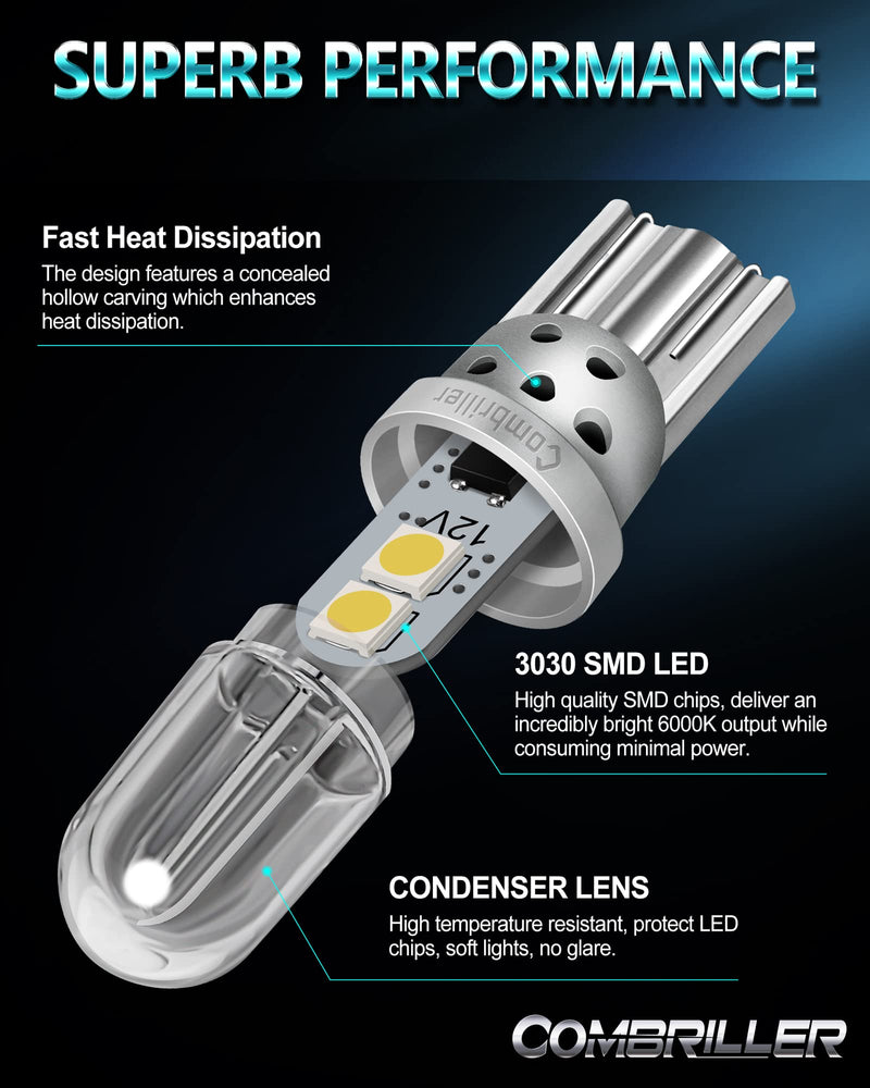 Combriller 194 LED Bulb White 6000K Super Bright 168 2825 W5W T10 LED Bulbs with Protective Cover and Hollow Design Led Replacement Bulbs for Dome Map Door Courtesy Trunk Parking Lights, Pack of 2