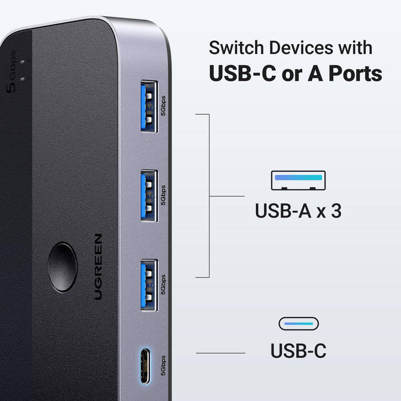 UGREEN USB 3.0 Switch 2 Computers Sharing USB C & A Devices Bundle with USB to USB C 3.0 Adapter 2 Pack