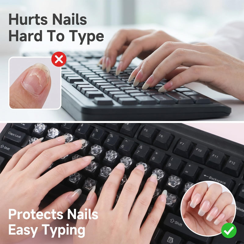 80 Pcs Keyboard Stickers for Long Nails, Clear Raised Glass Cat-Paw Key Covers Ergonomic Height Bubbles, No-Residue Reusable Protective Typing Keycaps for Desktop Laptop External Keyboards Calculator