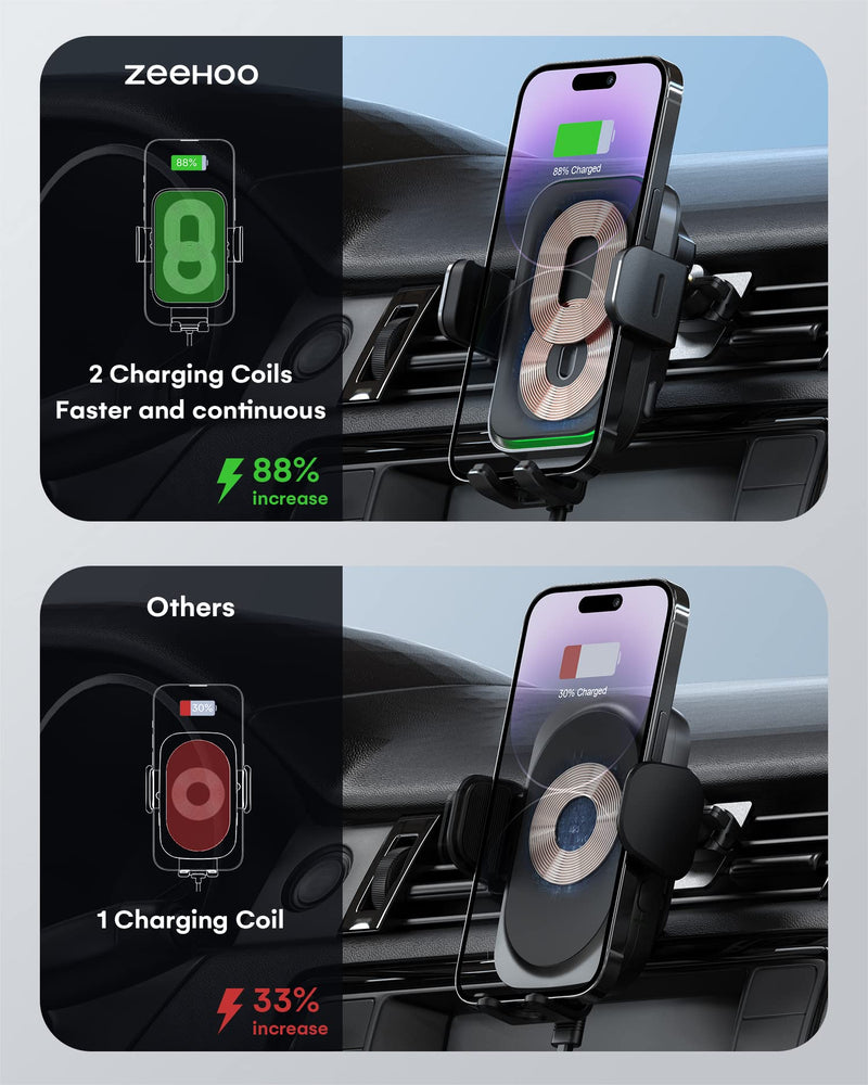 ZEEHOO Wireless Car Charger, DUOXX Dual Coils 15W Fast Charging Auto-Clamping Car Mount, Dashboard, Vent Charging Phone Holder for iPhone 17 16 15 14 13 12, S23 Ultra, Z Flip4 3, etc Black(DUOXX-X3)