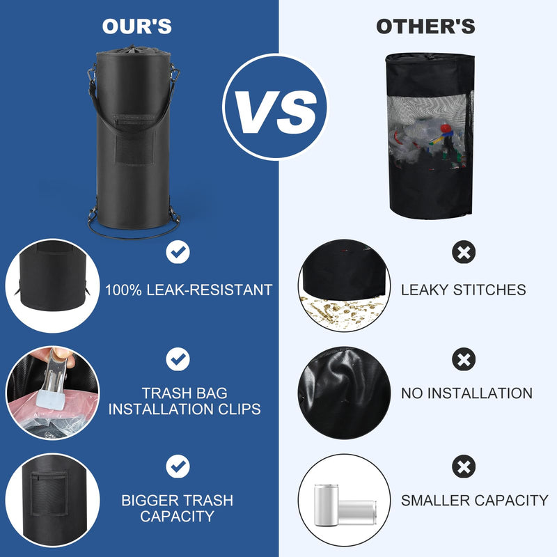 Waterproof Boat Trash Can with 6 Clips, 13 Gal Boat Trash Bag Holder with Pocket, Reusable Fast Cleaning Pontoon Boat Accessories, Marine Boat Garbage Can for Fishing, Sandbar, or Camping Black