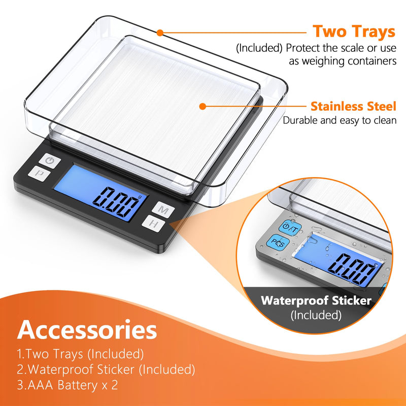 BOMATA 0.01g High Precision Jewelry Scale, 1000g Digital Gram Scale with Hold, Tare & Counting Function, Small & Portable Design for Gold, Bullion, Coins, Gemstones & Crafts, Black