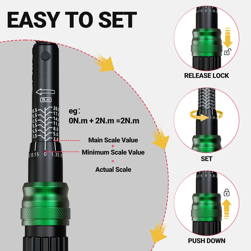 1/4" Bike Torque Wrench Set, 35 PCS Bicycle Click Torque Wrench and Bit Set, 17.7-177 in·lb/2-20Nm, Dual-Direction Adjustable 72 Tooth Ratchet, ±3% Accuracy, Road/Mountain Bike Cycling Tool Kit 35PCS (2-20 Nm)