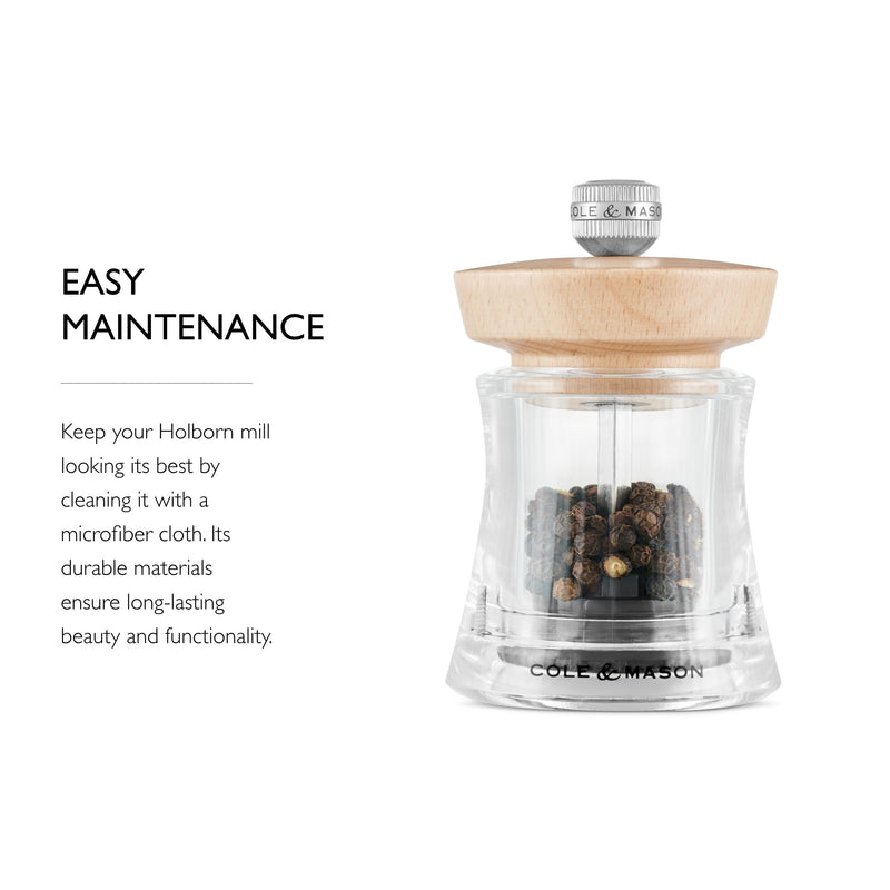 Cole & Mason Holborn Acrylic - Compact Hand Grinder - Acrylic Kitchen Tool with Adjustable Grind Setting - Easy-to-Clean Grinder with Premium Design - Natural Beech Pepper Mill, 3.75"