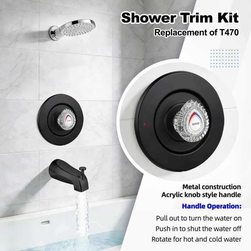 Shower Trim Kit and Tub Spout, Compatible with Moen T470 Chateau Shower Trim kit, for Moen 1225 Trim Kit, Includes Escutcheon, Tubes, Shower handle and Screws (Matte Black) Matte Black