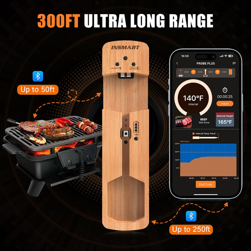 INSMART Wireless Smart Meat Thermometer,330FT Bluetooth Range,100% Waterproof,Precision Cooking Grilling,Multi Sensors,for BBQ,Oven,Grill,Kitchen,Smoker, Rotisserie Turkey Beef (Wood) Wood