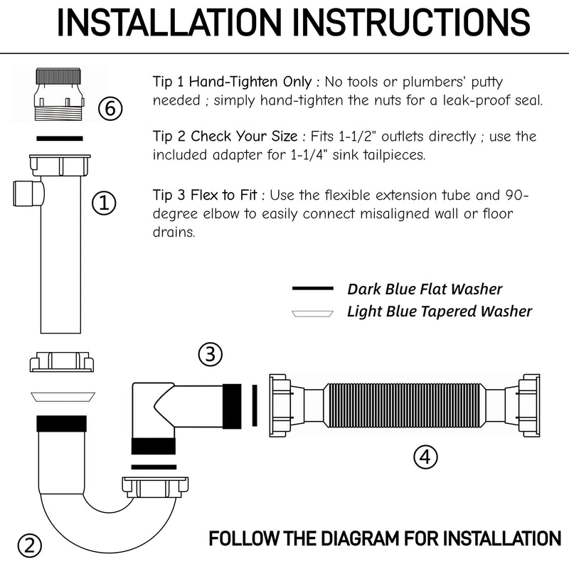 Universal 1-1/4" & 1-1/2" P Trap Drain Kit, Flexible PP U-Bend Plumbing Pipe for Bathroom Sink & Kitchen, Heat Resistant Drain Replacement with Extension Tube & Adapter