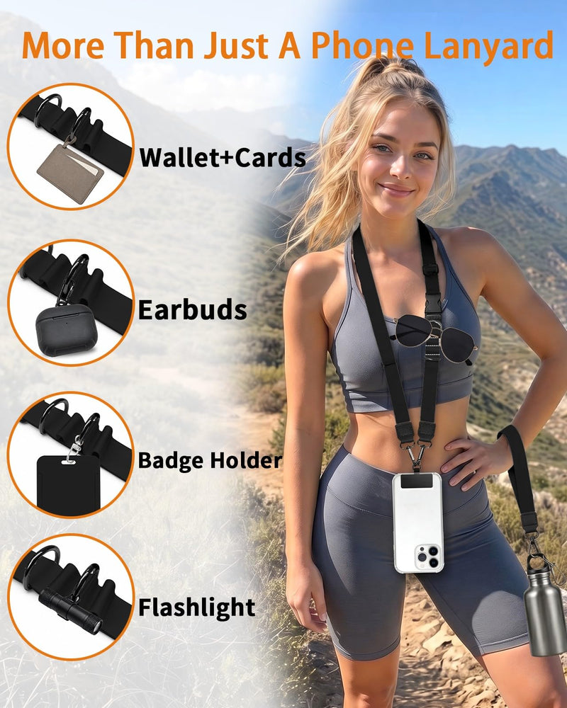 Black Phone Lanyard Crossbody Wrist Neck Strap Adjustable Women | Cell Phone Lanyard for Travel Cruise, Detachable, Hands-free, Cute Wristlet Strap, For Phone Case Keys ID Badge, Accessories Solid Black