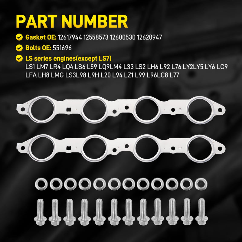 12617944 LS MLS Exhaust Manifold Gasket & Bolts Kit Compatible with GMC Sierra Yukon, Chevy Silverado 1500 Suburban LS Header Gasket LS1 LS2 LS3 LS6 LQ4 LQ9 LM7 4.8L 5.3L 5.7L 6.0L 6.2L OEM# 12558573
