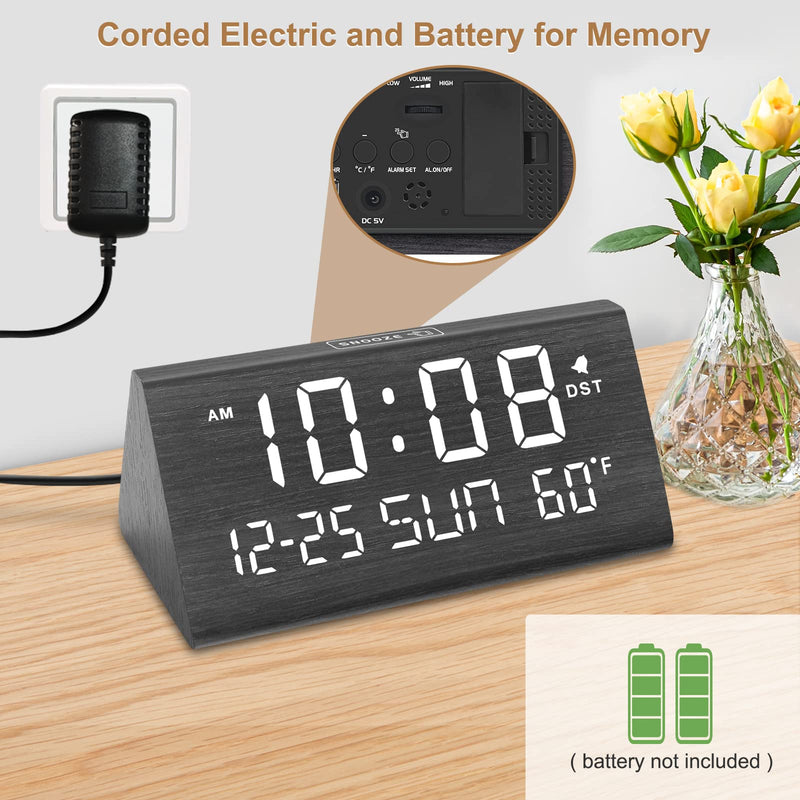 DreamSky Digital Alarm Clocks for Bedrooms - Wooden Desk Clock with Date, Day of Week, USB Port, Temperature, Dimmer for Bedside Table, Living Room, Office, Adjustable Volume, Auto DST, Wood Decor Black - Date & Day