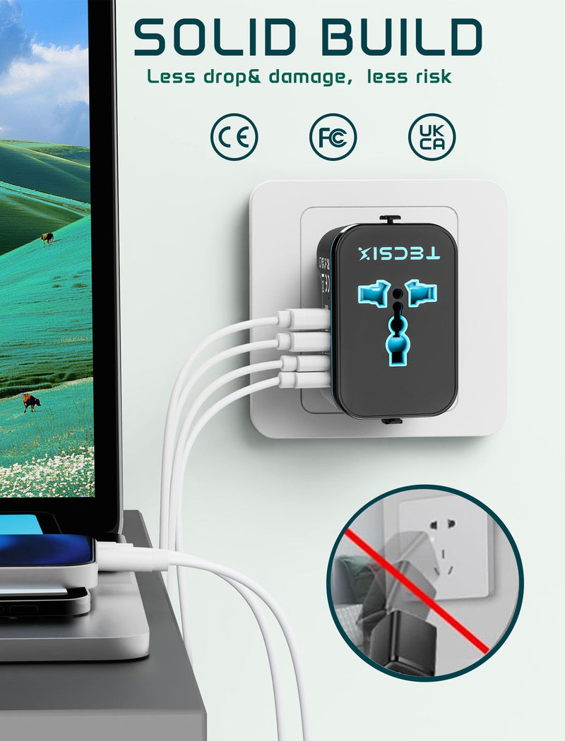 Universal Travel Adapter Worldwide, TECSIX European Travel Plug Adapter with 2 USB C, 2 USB A and Multi AC Outlets, International Power Converter for EU US UK AUS 200+ Countries Type A C G I black blue