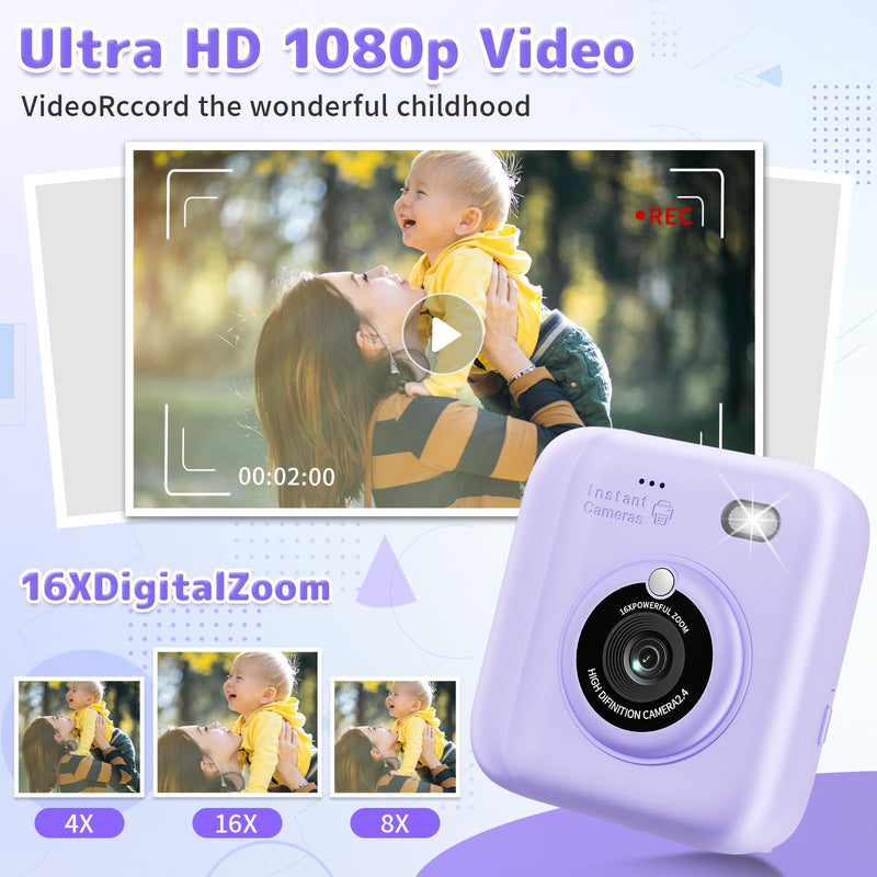 Instant Print Camera for Kids, Christmas Birthday Gifts for Girls Boys, 1080P Instant Digital Print Cameras for Toddler,Portable Toy for 4 5 6 7 8 9 10 Year Old Girl with 32GB SD Card，Purple Purple