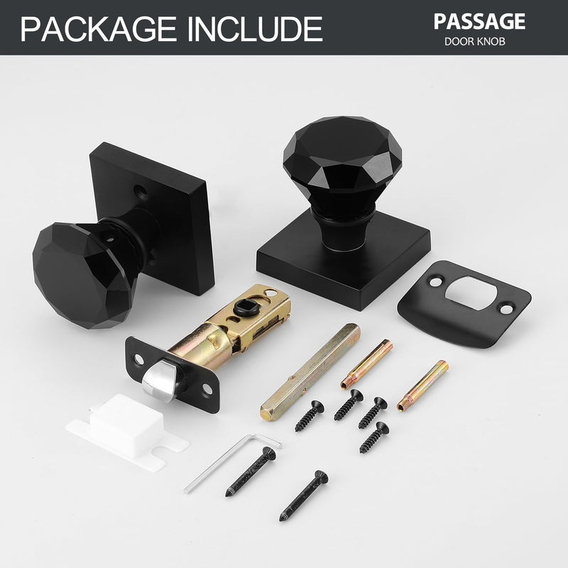 Matte Black Glass Crystal Door Knobs Interior, Modern Black Diamond Passage Square Clear Door Knobs for Closet Hallway Matte Black Finish and Black Glass