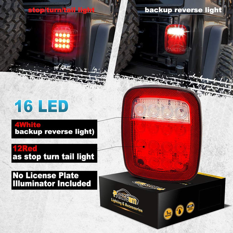 Partsam 2x Universal 16 LED Stop Tail Turn Signal Backup Reverse Brake Clearance Marker Lights Lamps Red/White Replacement for Jeep YJ JK CJ Truck Trailer Waterproof 12V Red Lens