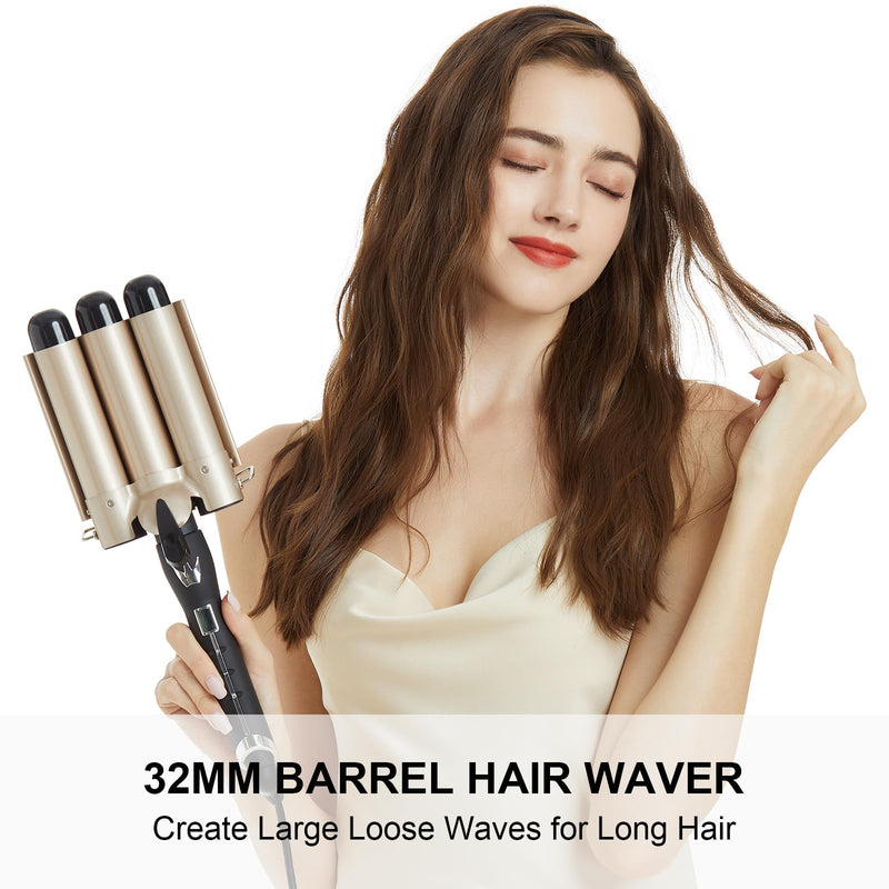 Mermaid Hair Waver 32MM for Loose Beachy Waves, AIMERVO 3 Barrel Curling Iron 1.25", 14 Heat Settings up to 210°C Work on All Hair Types, Tourmaline Ceramic Coating, Heats up in 30S,Long&Medium length Φ32MM