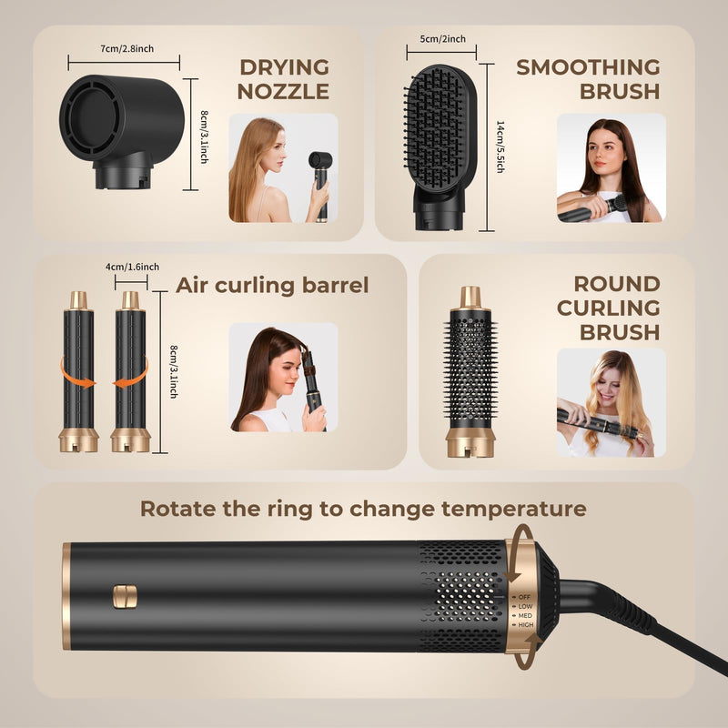 Hair Styler 5 in 1, Magic Hairstyler, 1000W Hair Dryer Brush with Curl, Straighten, Volumise, Smooth and Hairdryer Brushes for Styling,All Hair Types Negative Ion Hair Care (Black) Black