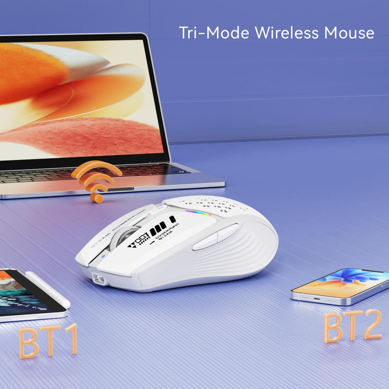 Uciefy Bluetooth Wireless Mouse, (BT5.0/5.1+2.4GHz) USB C Rechargeable LED Mouse Battery Level Visible, Honeycomb Magnetic Shell Cover with USB Receiver & Type-C Adapter for Laptop/PC/Mac/iPad-White white