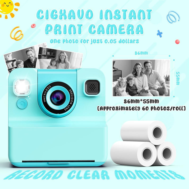Alotwan Kids Instant Print Camera Video, 32GB Card, 3 Rolls Paper | Flip Lens, 48MP HD Digital Photo, Fun Photo Effects & Frames, Pocket Size Travel, Gift for Boys Girls
