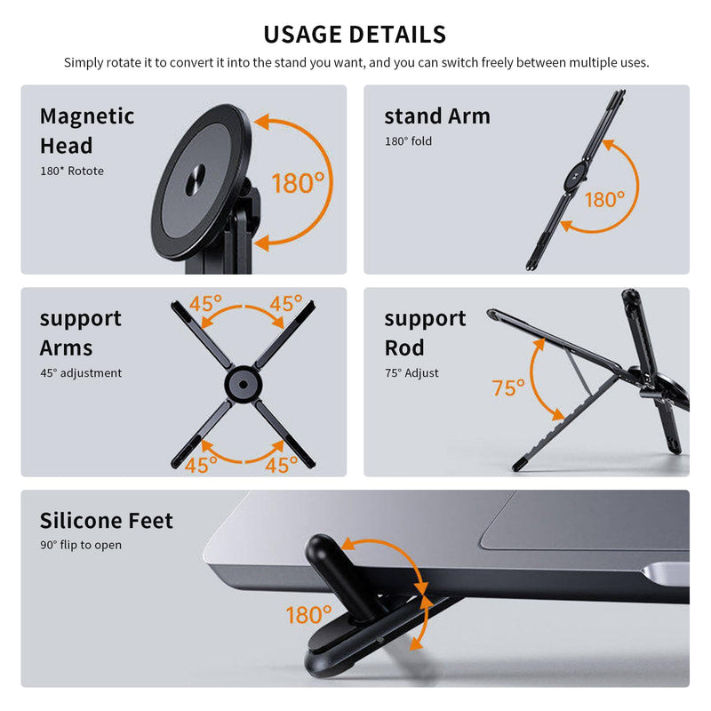 Magnetic Laptop Stand, 3-in-1 Foldable Aluminum Riser, Grey | 8-level height adjustment, built-in phone holder, fits 10-16 inch laptops, ergonomic foldable for desk office work