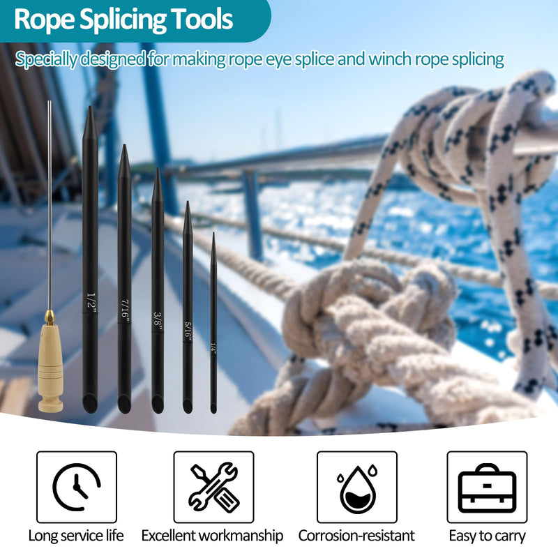 6-in-1 Rope Splicing Tools FID Kit for 1/4", 5/16", 3/8", 7/16" & 1/2" Double Braid Eye Rope, Black Aluminum, Universal Fit for Truck, Boat